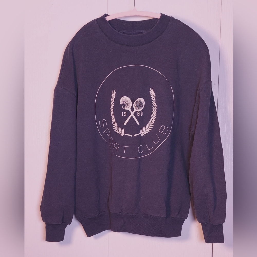 Oak + Fort Navy Varsity Graphic Sweatshirt Pullover Size Small Casual Sport Club - Picture 11 of 11